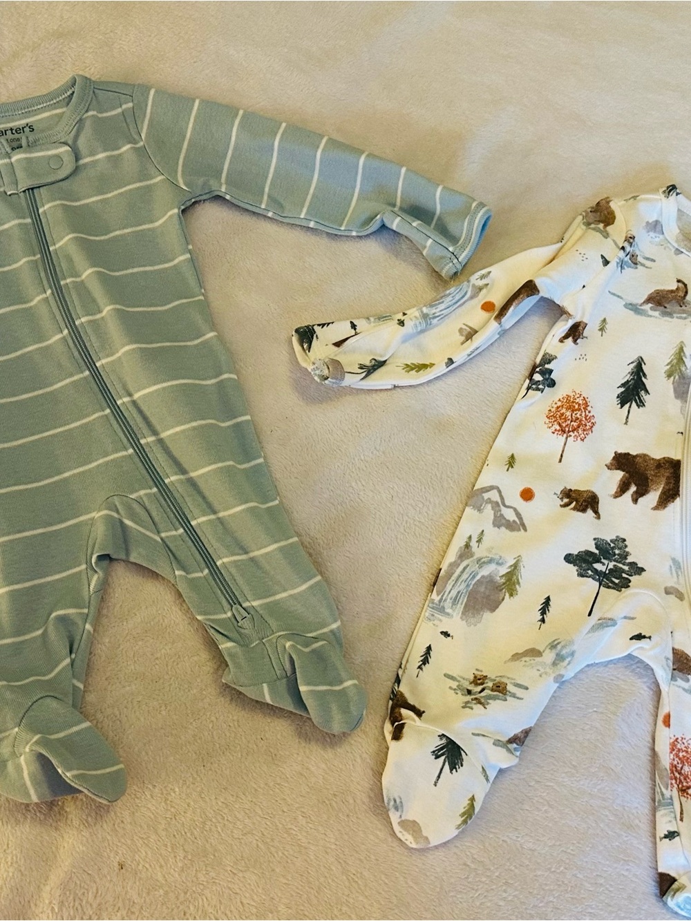 Carter's Sage Striped and Woodland Print Footed One-Pieces